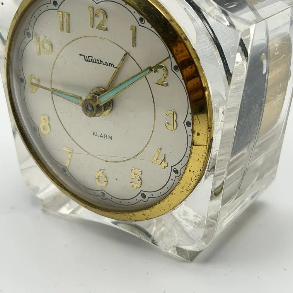 Waltham Alarm Clock Mechanical Clear Lucite Case Brass Germany Parts Display